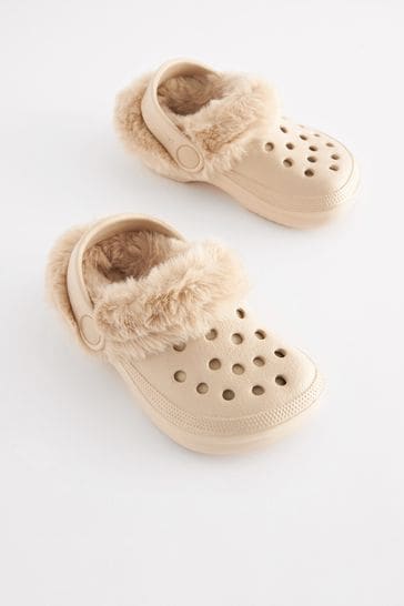 Neutral Beige Faux Fur Lined Clog Slippers