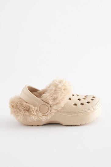Neutral Beige Faux Fur Lined Clog Slippers
