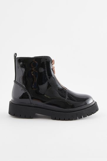 Black patent best sale zip front boots