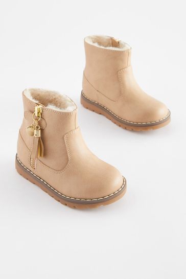 Beige Brown Standard Fit (F) Warm Lined Tassel Detail Zip Boots