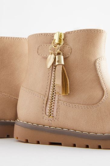 Beige Brown Standard Fit (F) Warm Lined Tassel Detail Zip Boots