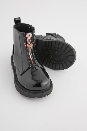 Black patent boots with zip up front top