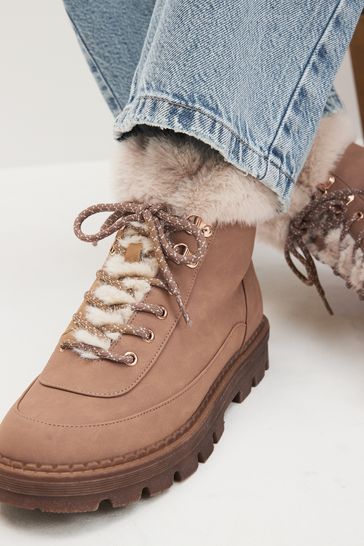 Tan Brown Regular/Wide Fit Forever Comfort® Faux Fur Lace Up Chunky Boots