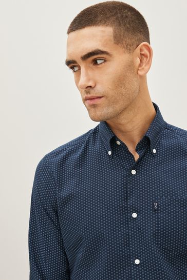 Navy Blue Dot Slim Fit Easy Iron Button Down Oxford Shirt