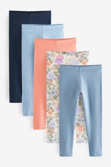 Blue/Coral Orange Floral Print Leggings 5 Pack (3-16yrs)