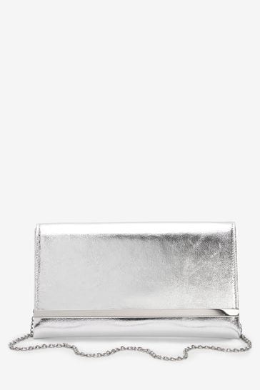 Silver Clutch Bag With Detachable Cross-Body Chain