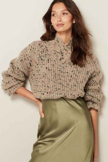 Neutral Brown High V Neck Ribbed Jumper
