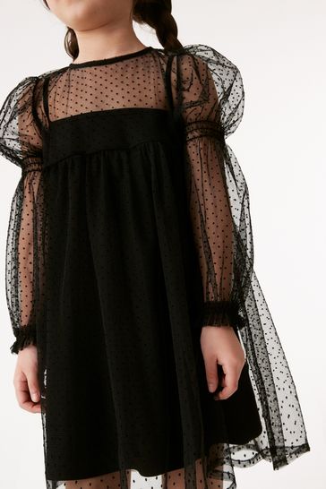 Black Shirred Mesh Dress 3 16yrs