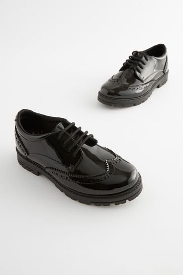 Black Patent Wide Fit G School Leather Chunky Lace Up Brogues