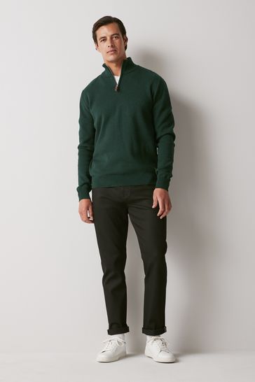 Dark Green Zip Neck Knitted Premium Regular Fit Jumper