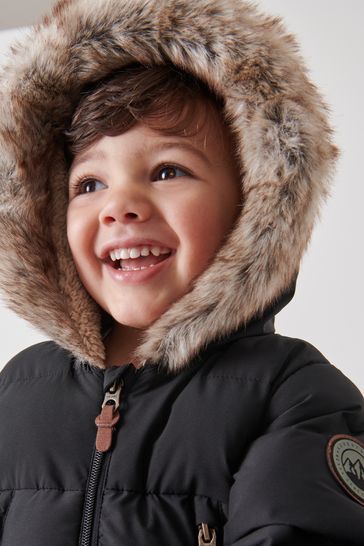 Black Snowsuit With Faux Fur Hood Trim 3mths 7yrs