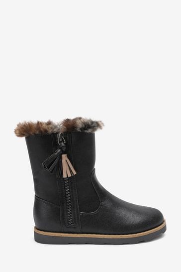 Black Wide Fit (G) Warm Faux-Fur Lined Zip Boots