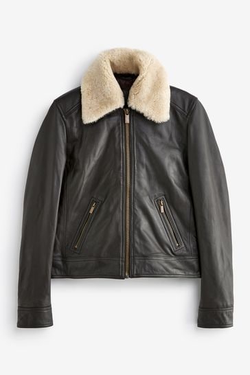 Buy Real Leather Aviator Flight Jacket With Sheepskin Collar from Next