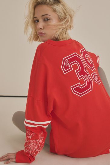 Red 100% Cotton Seam Detail Long Sleeve Skater T-Shirt