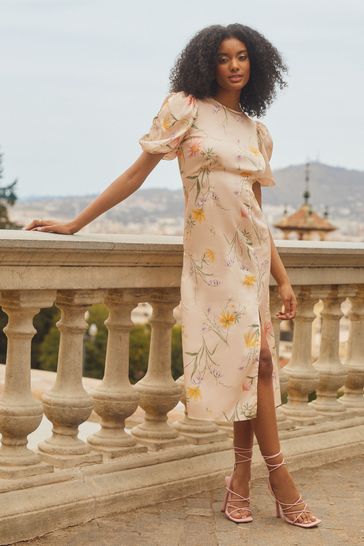 Ruched Sleeve Empire Midi Dress 