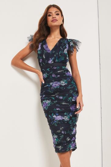 lipsy printed v neck ruch midi dress