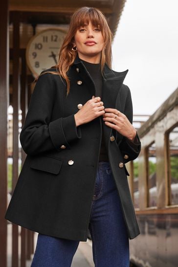 Buy Love Roses Funnel Neck Short Double Breasted Military Coat