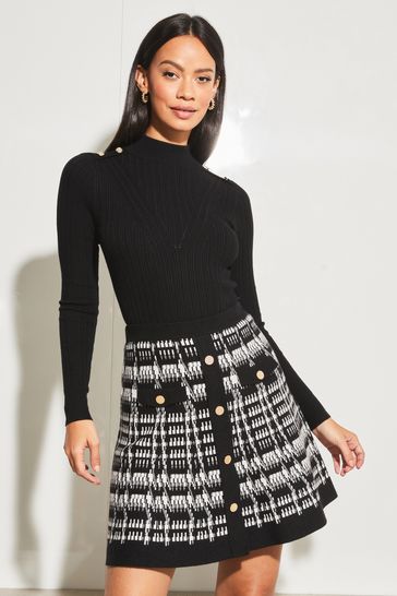 Lipsy Black White Knitted Fit and Flare Skirt