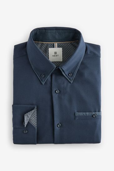 Navy Blue Double Collar Regular Fit Trimmed Formal 100 Cotton Oxford Shirt