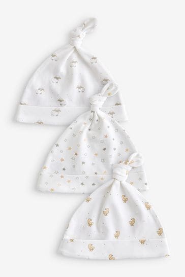 White Animals Baby Tie Top 100 Cotton Hats 3 Pack 0 12mths