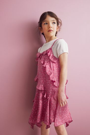 Pink 100 Cotton Frill Slip Dress And T Shirt Set 3 16yrs