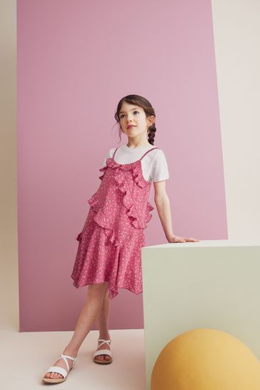 Pink 100 Cotton Frill Slip Dress And T Shirt Set 3 16yrs