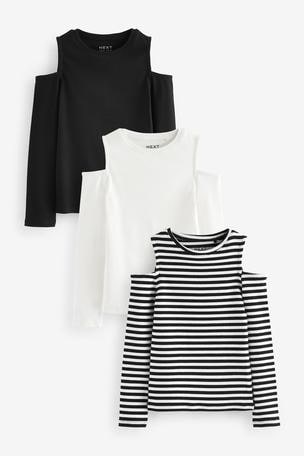 Black White Cold Shoulder Rib Long Sleeve T Shirt 3 Pack 3 16yrs
