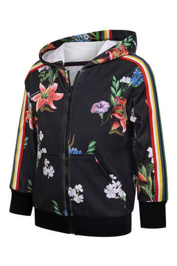 Girls Black Floral Technical Jersey Zip Up Top