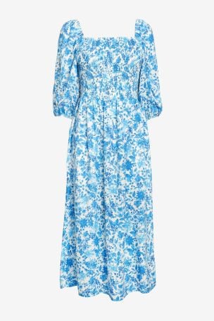 Buy F☀F Blue Floral Shirred Midi Dress ...