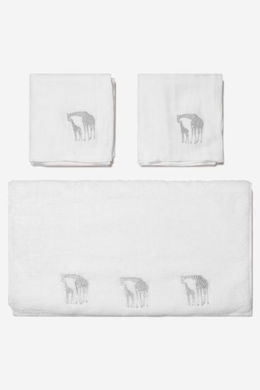 Unisex Organic Cotton Muslin And Cotton Giraffe Towel Set in White