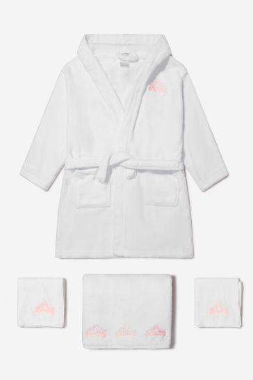Baby Girls Organic Cotton Crown Muslin Bathrobe And Towel Set in White