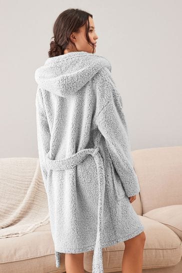 Grey Short Teddy Borg Fleece Dressing Gown
