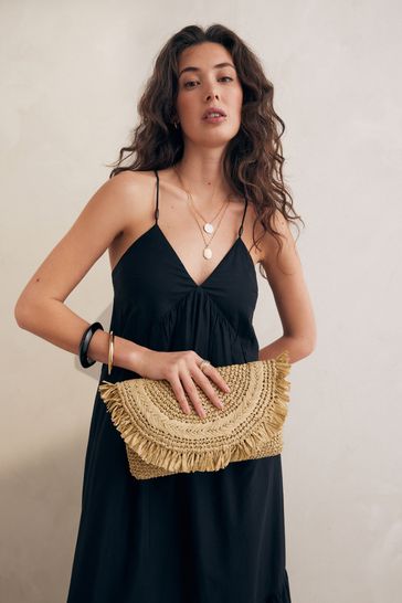 Black fringe clutch bag clearance