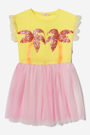 Girls Jersey And Tulle Palm Trees Dress in Yellow