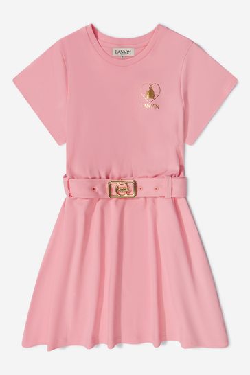 핑크 색의 벨트가 있는 걸스 코튼 드레스