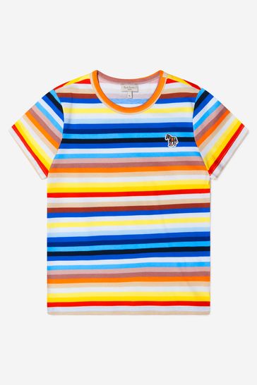 Boys Cotton Striped Logo T-Shirt in Multicoloured
