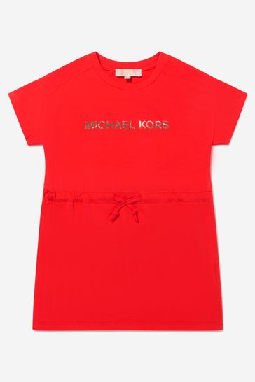 Girls Cotton Logo Print Drawstring Dress in Red