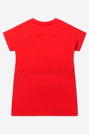 Girls Cotton Logo Print Drawstring Dress in Red
