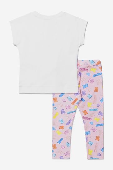 핑크/화이트 소재의 걸스 코튼 티셔츠와 레깅스 세트