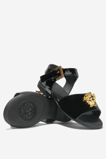Girls Patent Leather Medusa Logo Sandals in Black