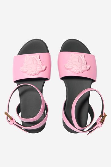 Girls Leather Medusa Logo Sandals in Pink