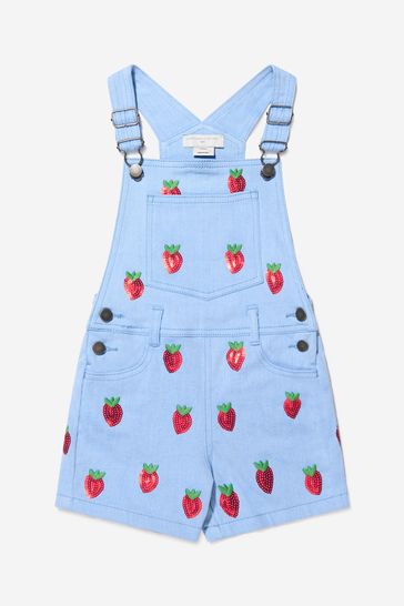 Girls Cotton Denim Strawberry Short Dungarees in Blue