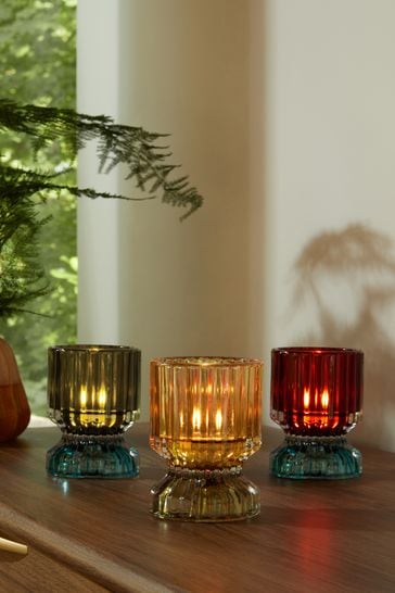 Set of 3 Multi Ribbed Glass Tealight and Taper Candle Holders