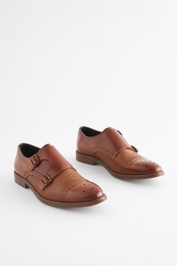 Tan Brown Embossed Leather Double Monk Shoes