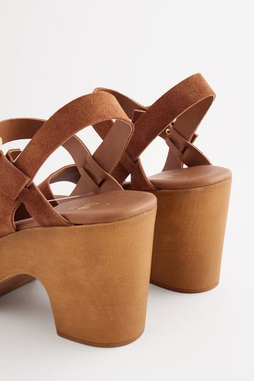 Tan Brown Clog Heeled Sandals