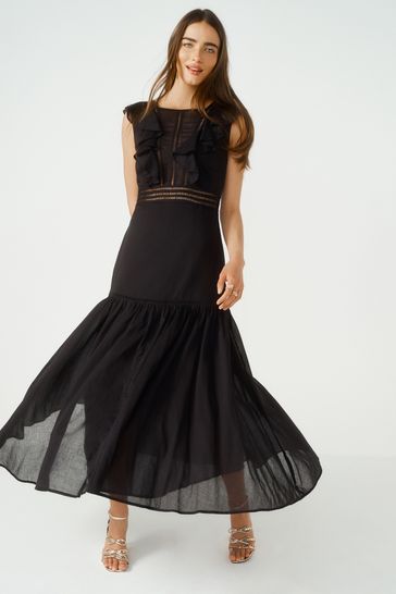 Black 100 Cotton Sleeveless Ruffle Lace Insert Maxi Dress