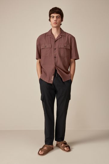 Rust Brown Linen Blend Short Sleeve Shirt with Cuban Collar