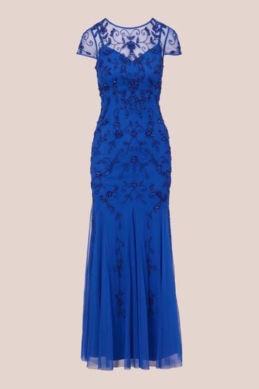 Adrianna Papell Blue Studio Bead Mesh Godet Gown