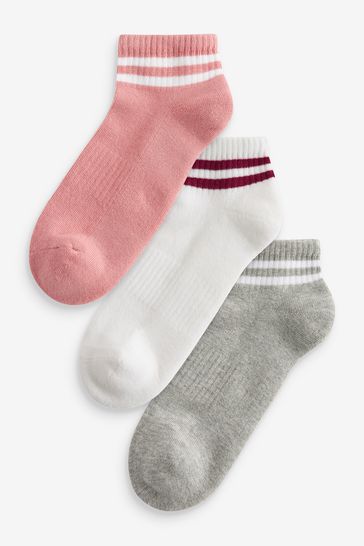 White/Pink/Grey Stripe Cushion Sole Trainers Socks 3 Pack With Arch Support