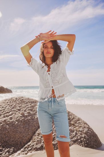 Mid Blue Denim Knee Length Shorts